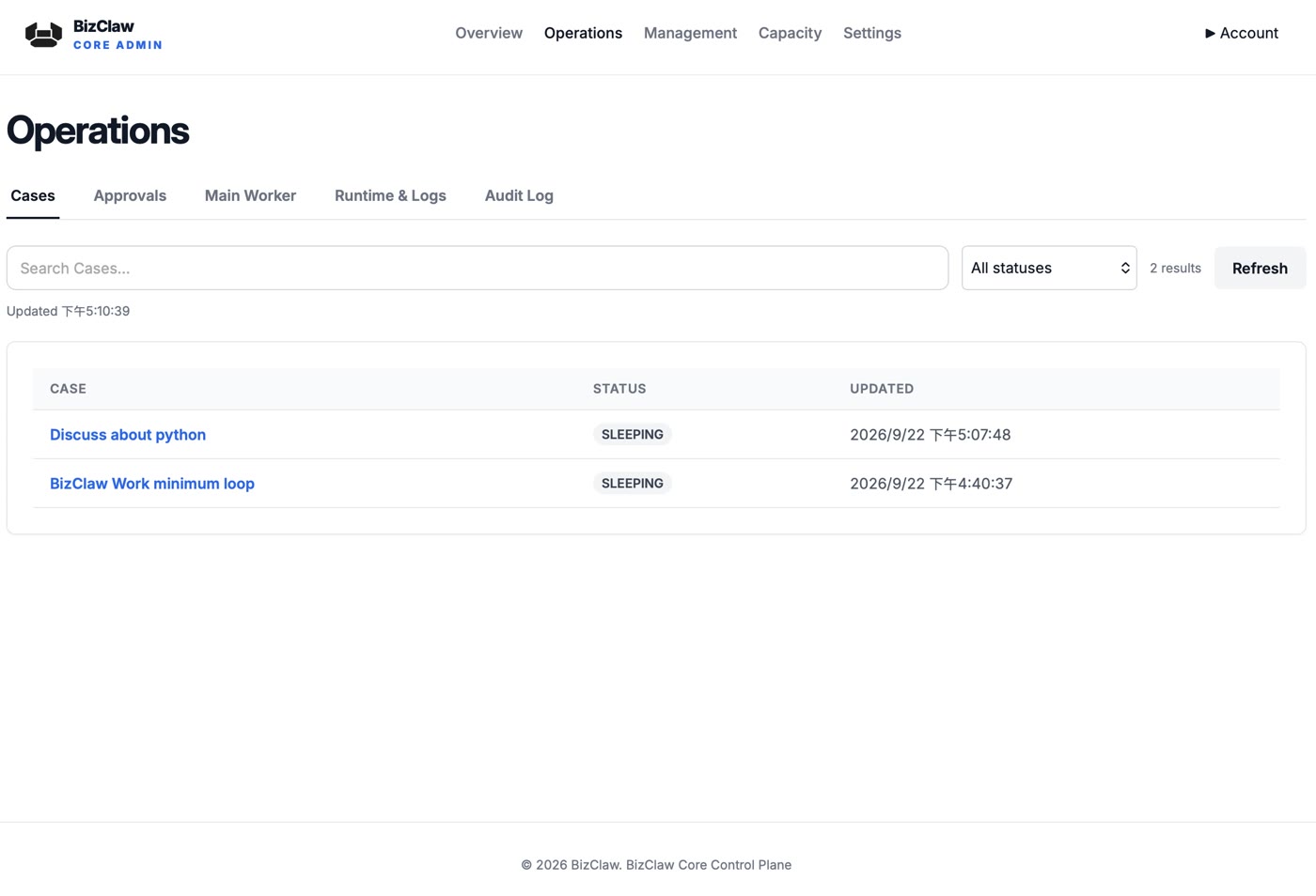 BizClaw Core Cases operations list