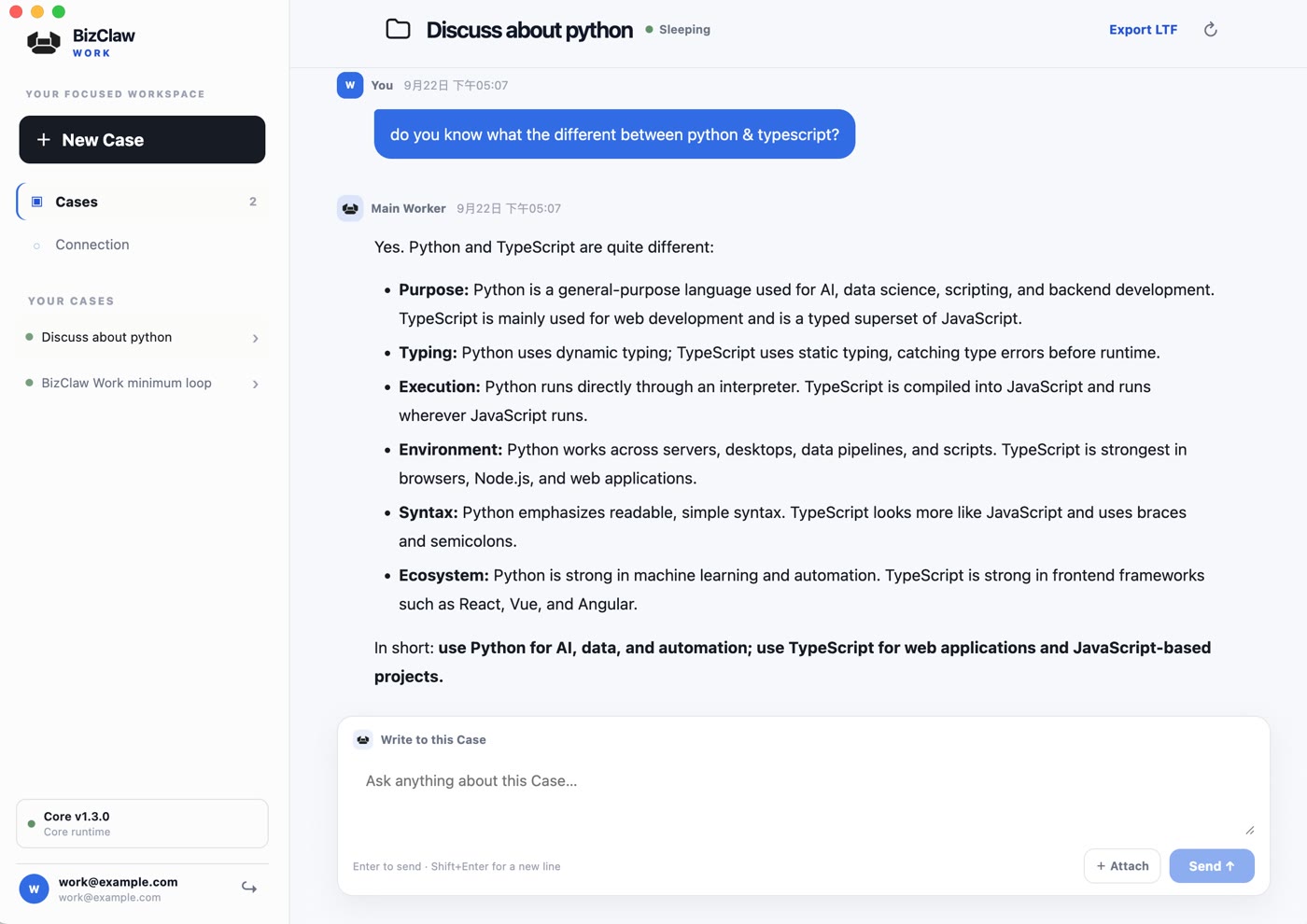 BizClaw Work showing an employee conversation inside a Case
