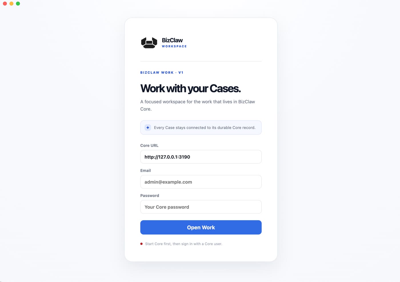 BizClaw Work connection screen for connecting to a Core